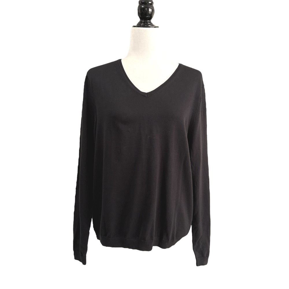 NWOT Lands'‎ End Womens V Neck Long Sleeve Sweater Supima Cotton Black XL P